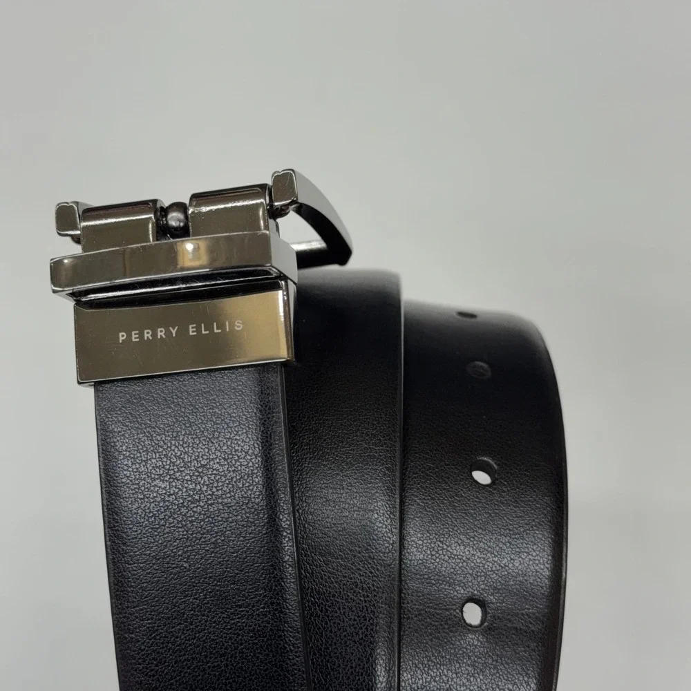 Perry Ellis Mens‎ Genuine Leather Belt Size 34/85 Black Brown GunMetal Buckle